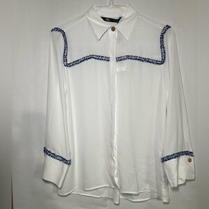 Zara White Button Down Coastal Cowgirl Western Fringe Blouse Size Small NWT!
